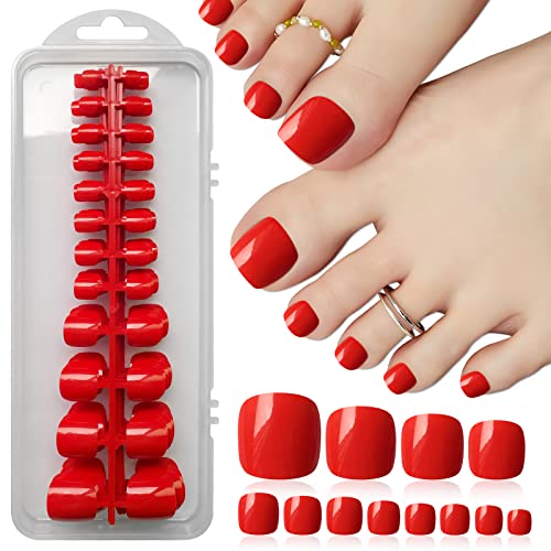 Loveourhome 240Pc Glossy False Toe Nails Colored Red Press On Toenails Full Cover Short Square Fake Toenails Artificial Acrylic Pedicure Tips With Glue Tabs For Women Girls #TOP19