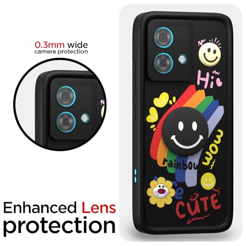 Image of Pikkme Back Cover for Motorola Moto Edge 40 Neo 5G | Soft Silicone| Cute Rainbow Smile & 3D Cartoon Flower Design | Shockproof Raised Camera Protection Bumper Case (Black)