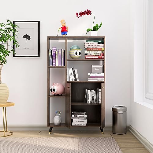 Image of Bniture Book Shelf Wooden for Home Book Rack Organizer Engineered Wood 2 Door & 5 Shelf Open Book Shelves Stand for Study Room Library Multipurpose Showcase Living Room Bedroom Office | Flower Wenge