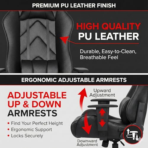 Image of ASE GAMING Gold Series Ergonomic Gaming Chair Premium PU Leather, Adjustable Neck & Lumbar Pillow, 180 Degree Recline with Black Metal Base with 3 Years Warranty (Black)