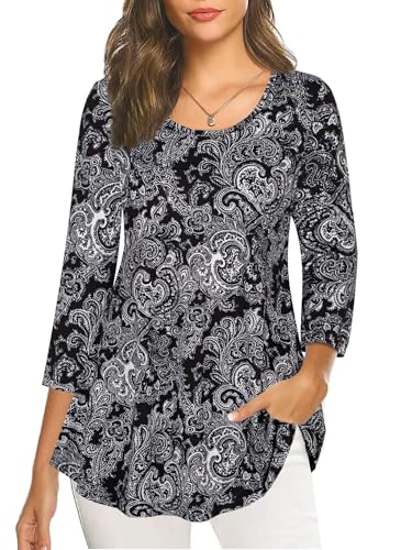 Image of Nandashe Womens 3 /4 Sleeves Floral Tunic Shirts Summer Casual Dressy Blouse Tops