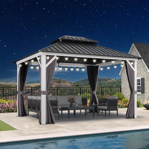 PURPLE LEAF 10' X 12' Gazebo White Aluminum Frame Galvanized Double Roof Hardtop Gazebo Curtains and Netting Included with String Lights for Garden Deck Lawns and Backyard, Grey