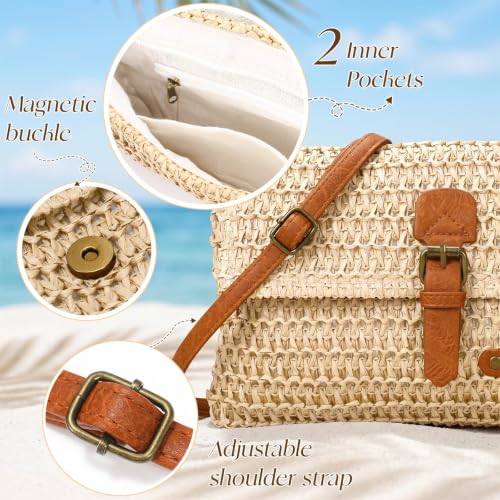 Image of Straw Bag Beach Purse Summer Purses for Women Vacation Handbags Woven Crossbody Bags Straw Shoulder Bag