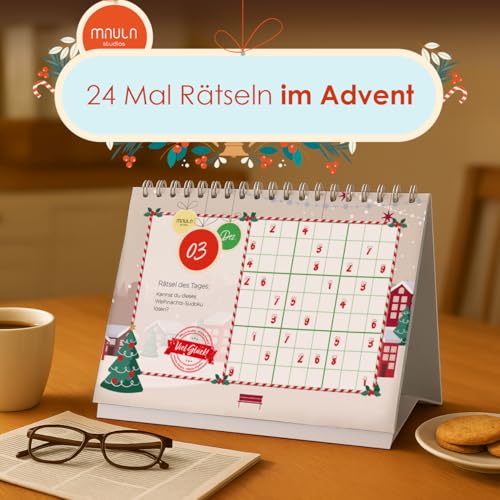 Rätsel Adventskalender 2025 – Tischkalender mit 24 Seiten voller Rätsel – Adventskalender für Erwachsene, Kinder & Jugendliche – tägliches Rätselvergnügen fürs Büro & Zuhause