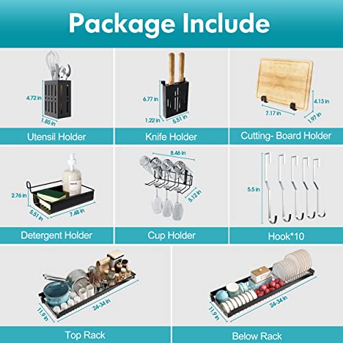 Boosiny Over Sink Dish Drying Rack 3 Tier Full 304 Stainless Steel Above Sink Dish Drainer For Kitchen Shelf, Expandable Over The Shelf Storage Organization (Black - 25.5"-35.5") #TOP5