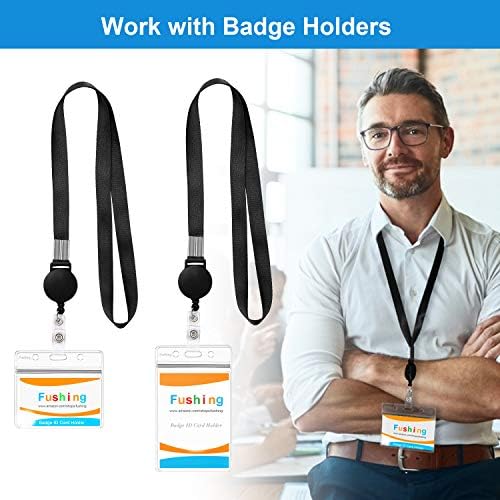 Fushing 5 Pcs Retractable Reels Key Chains Lanyards Neck Strap Band for ID Badge Holder for Business School Event (Black)