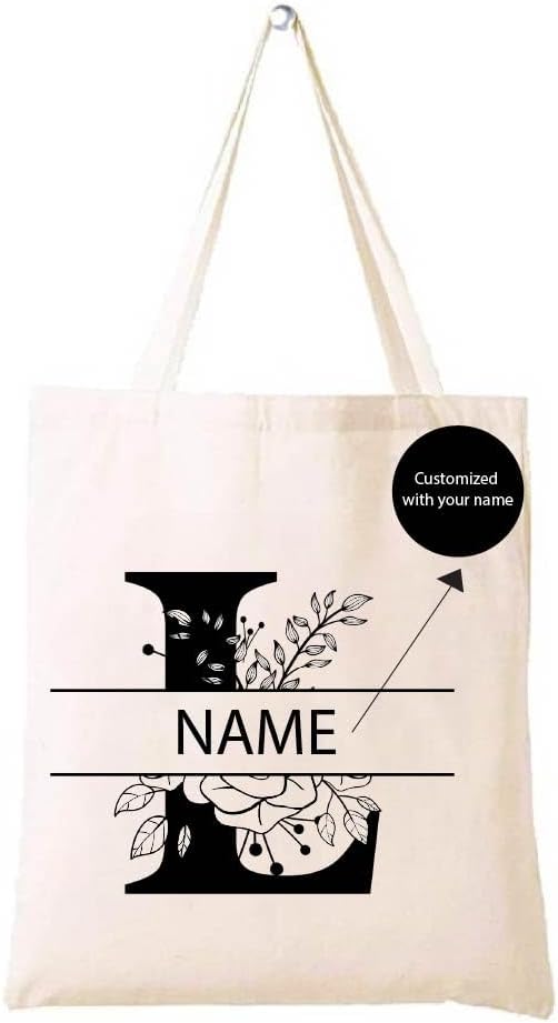 Eco-Friendly Cotton Bag – Initial Monogram Canvas Tote Bag – Customizable Your Name – Perfect for Reusable Grocery Shopping and Travel Bag – Tote Bags for Women