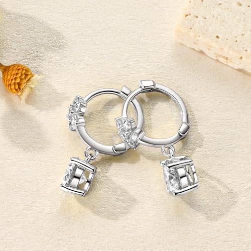 Moissanite 1 CT Solitaire Drop Earrings for Women, Imitation Diamond Dangle Earrings, 18K White Gold Plated D Color Round Cut 925 Sterling Silver Hoop Earrings, GRA Certified4