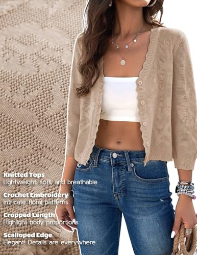 Image of Women Crop Cardigan Sweaters Lightweight 3 /4 Sleeve Button Up Crochet Shrug | Textured Bolero For Dresses Dressy Casual, V Neck, Ladies Eyelet Shawl Thin Trendy