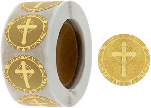 Rollo de 500 pegatinas, diseño de cruz, etiquetas redondas con acabado de lámina dorada, etiquetas redondas ideales para bautizo, comunión,