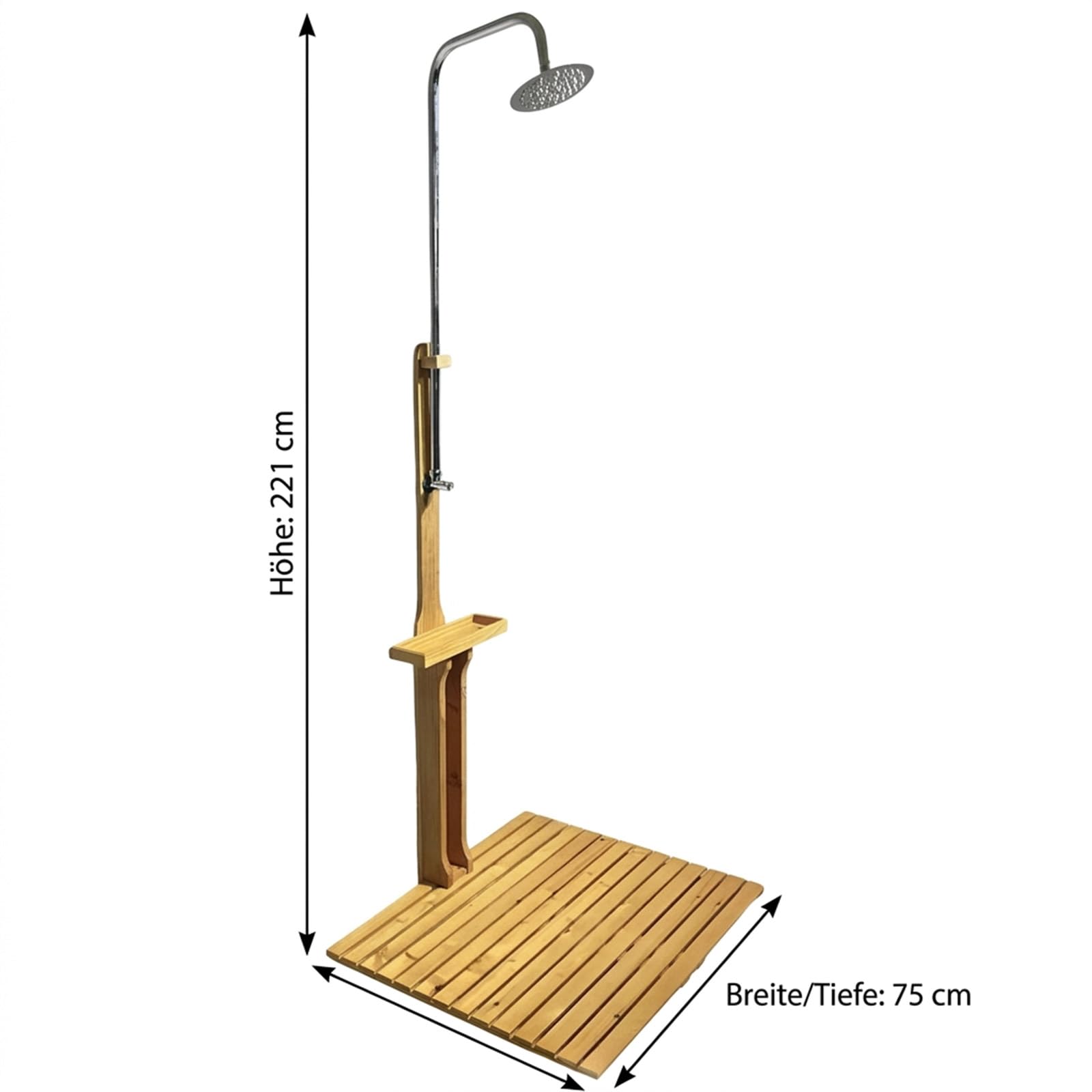 Holzdusche Garten 221cm Außendusche mit Bodenplatte Wetterfest Gartendusche | BURI Gartendusche aus geöltem Kiefernholz mit verzinktem Eisen und Gartenschlauchanschluss für Pool und Terrasse