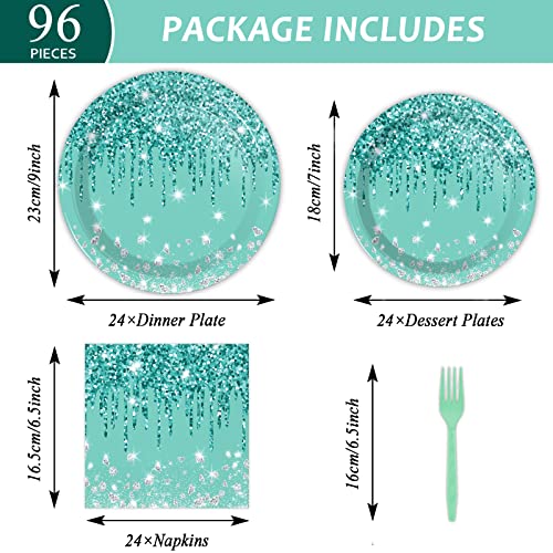 96 Pieces Happy Birthday Tableware Set For Green Happy Birthday Table Decor Silver Glitter Birthday Theme Dessert Plates Napkins Forks For 24 Guests Girls Women Silver Glitter Birthday Party Supplies #TOP1
