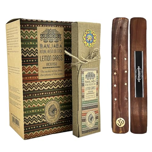 Aromasenses.- Incienso Sahumerio Banjara Lemon Grass Ritual Resin - Caja Completa con 8 Cajetillas con 8 Varillas + 1 Tablilla Aromasenses Hecho a Mano 100% Natural Orgánico (Lemon Grass)
