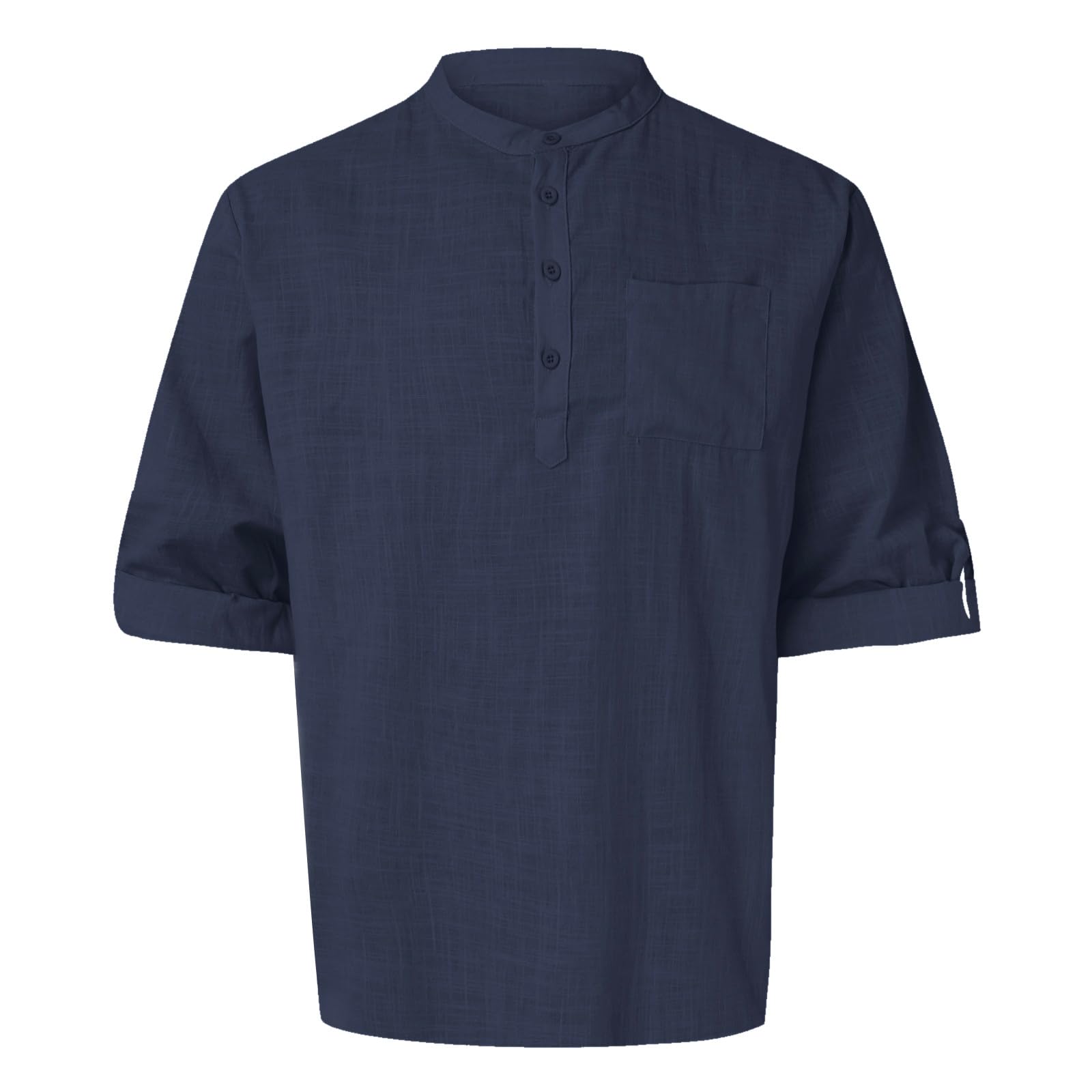 Camisa de manga larga para hombre, cuello alto, color liso, bolsillo