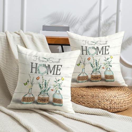 AwzyGous Kissenbezug Grüne Pflanze Blatt 40x40 Sommer Kissenhülle Leinen Rustikal Sofakissen Moderne Eukalyptusblatt für Dekokissen für Sofa Schlafzimmer Couch Outdoor Garten Terrasse 2er Set