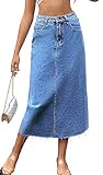 MISS MOLY Women's Maxi Long Denim Skirts High Waist Frayed Raw Hem A line Flare Jean Skirt with Pockets Blue L