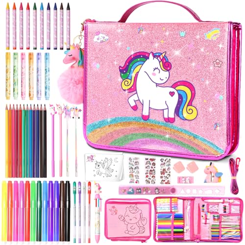 70Pcs Fruit Scented Markers Kit - Kawaii Stationery Set with Unicorn Pencil Case, Art Coloring Drawing Kit for Kid Include Marker, Pencil, Crayon, Pen, Eraser, Sticker, Unicorn Xmas Gift for Girl 4-12
