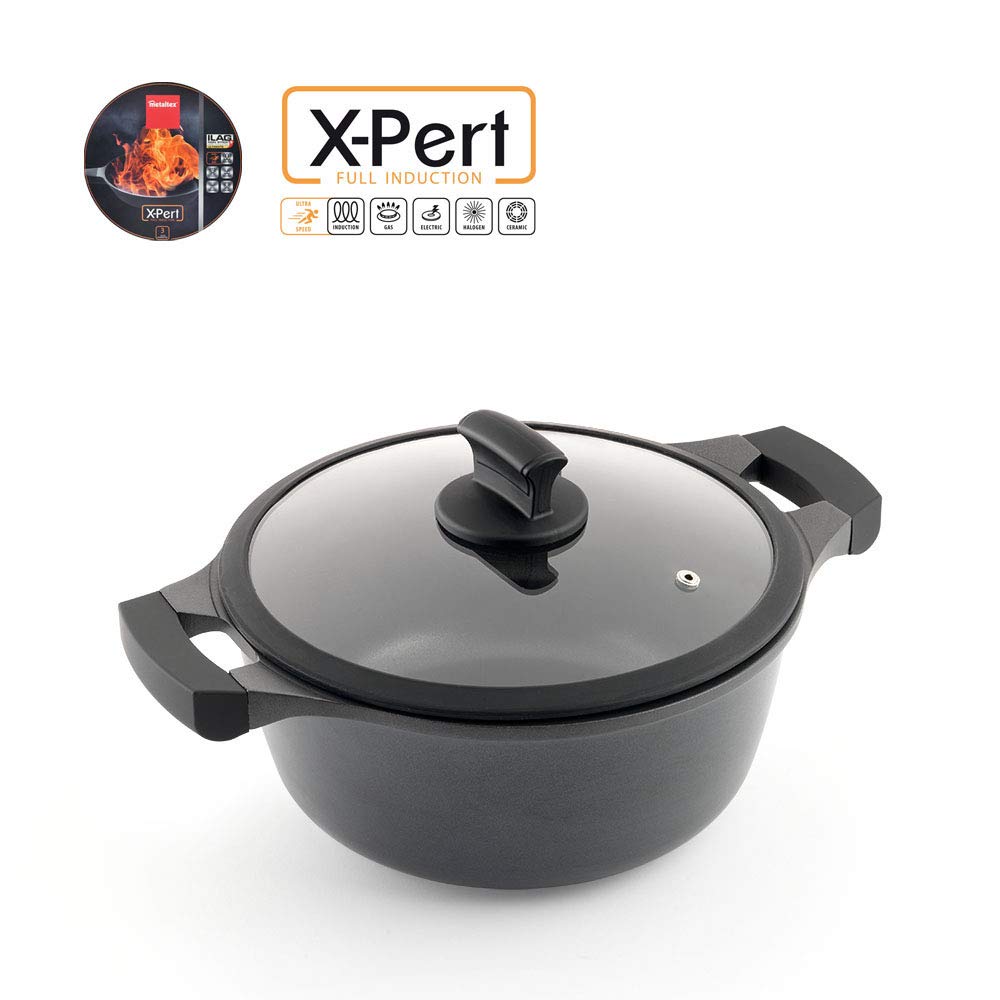 Metaltex XPERT- Set 2 Piezas Aluminio Fundido (Cacerola Alta 24 cm y Cacerola Baja 28 cm) Incluye Manoplas y Estropajo de Silicona