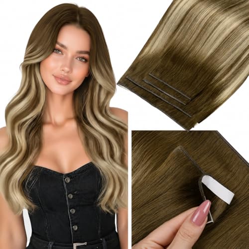 Image of LaaVoo Weft Tape Extensions Ombre Light Brown to Blonde Invisible Tape in Weft Hair Extensions Human Hair 120G Tape in Hair Extensions Balayage Brown Seamless 120G 20inch 4pcs