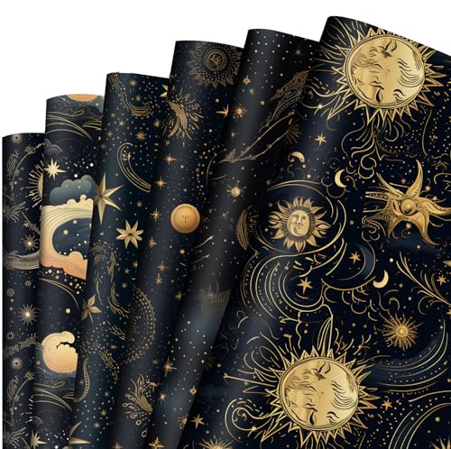 Dtiafu Galaxy Wrapping Paper 6 Style Space Moon Stars Suns Celestial Art Paper for Men Women Kids Birthday Wedding Baby Shower 20 X 28 Inch Folded Flat (6 Sheet)