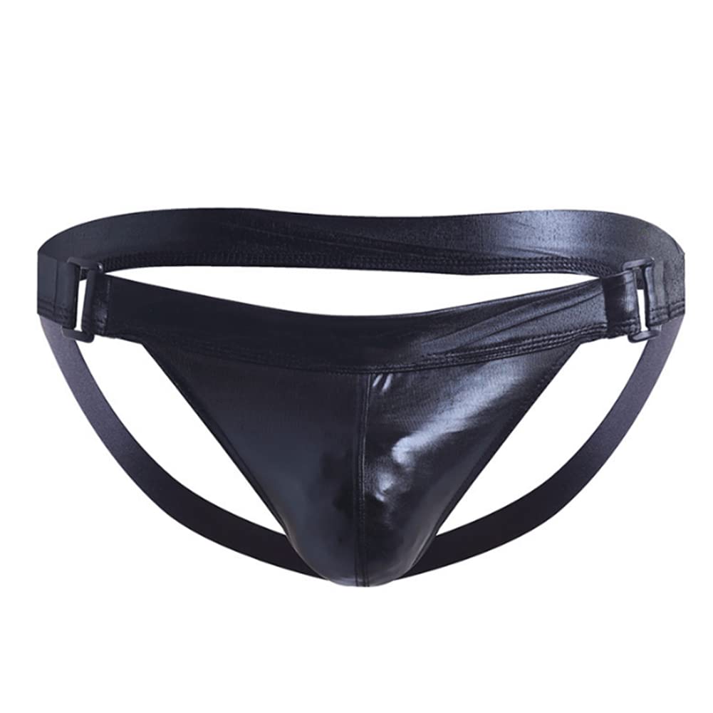 XYFfybhsd Men's Faux Leather Bulge Pouch Jockstraps Micro Thong Sexy Hollow Out Elastic G-String (Size:M,Color:Black)