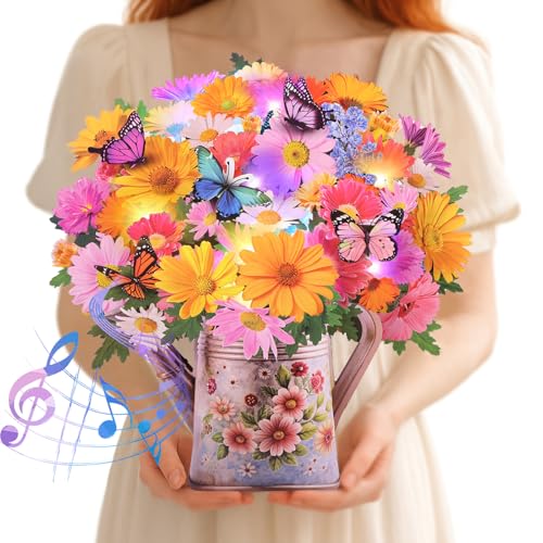 Pop Up Card with Music and Lights 3D Paper Flower Bouquet with Butterflies – Greeting Card, Birthday Cards, Thank You Card for Women, Mom, Wife, Daughter – Gift with Envelope-Chamomile