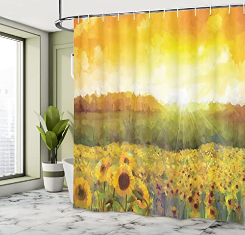 ABAKUHAUS Sunflower Shower Curtain, Landscape a Golden Yellow Field and Distant Hill Sunset Colors Agriculture - Image 4