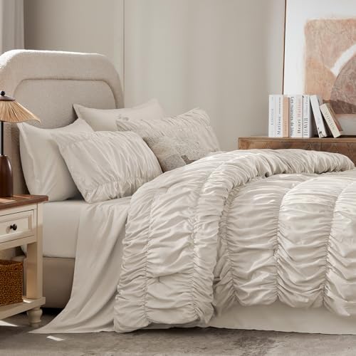 Image of Andency Ruched Oversized Queen Comforter Set Linen, 7 Pieces Ruffle Bed in a Bag, Shabby Chic Pleat Bedding Set with Comforter, Sheets, Pillowcase & Sham, Lightweight, Soft, All Season