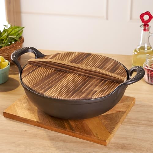 Image of HomeEssentials Cast Iron Kadai with Wooden Lid | Pre Seasoned Iron Kadai with Handles and Flat Base | Iron Wok for Cooking | Uncoated Kadai for Electric Induction (25cm)
