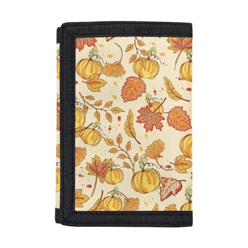 GIFTPUZZ Autumn Leaves Pumpkin Pattern Shopping Travel Wallets for Kids Three Fold Coin Purse Wallet Card Holder Organizer Photo Holder Outdoor Sports Wallet Beige