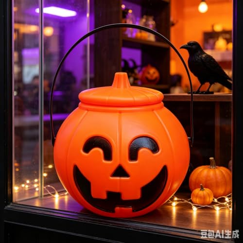 Plastic Pumpkin Bucket, Halloween Pumpkin Treat Pail with Handles and Lid - image 2