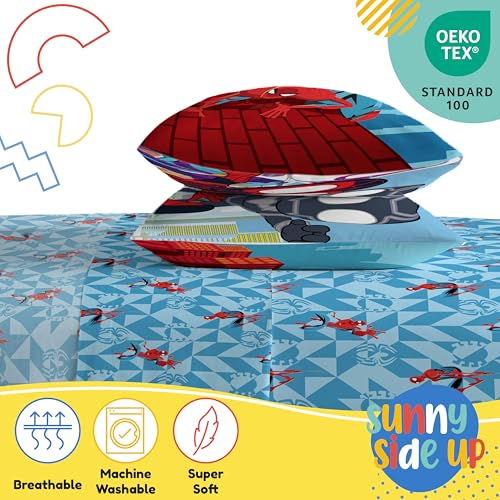 Image of Sunny Side Up Kids Sheet Set Includes Sheets and Pillow Cover - 100% Microfiber Bedding and Room Decor, Blue - Spiderman, 4 Piece Full