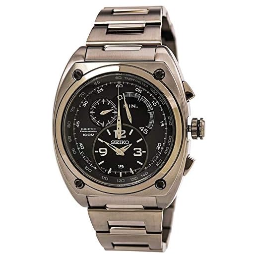 Seiko Kinetic Chronograph SNL073 Relógio preto com mostrador preto e aço IP, Preto