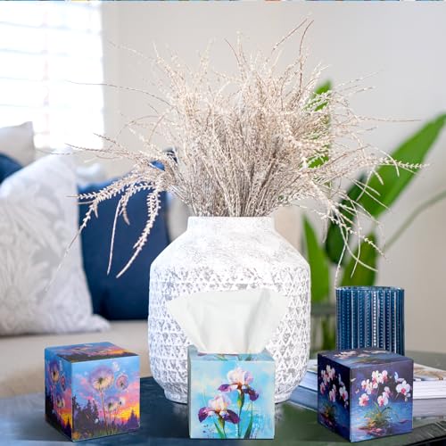 Image of Fourluoo 12 Pack Purple Flowers Facial Tissues Cube Boxes 600 Sheets 3 Ply | Square Face Tissue Cube Boxes for Car Bedroom, Purple Lavender Wisteria Floral Designs, Soft Bulk for Christmas Spring Home