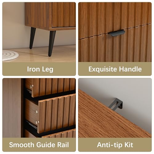 Image of Fluted Dresser for Bedroom with 6 Drawers, Walnut Modern Dresser with Metal Handle, 47'' Wide Natural Wood Dressers Organizer with Blister Drawers for Bedroom