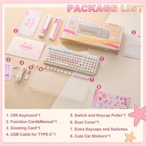 YUNZII C98 Wireless Mechanical Keyboard with Number Pad,98 Key BT5.0/2.4G/USB-C Hot Swap Gasket Mount with PBT MOA Keycaps,Custom RGB,Cute Cake Keyboard for Win/Mac (Beige, Milk V2 Linear Switch) — view 8