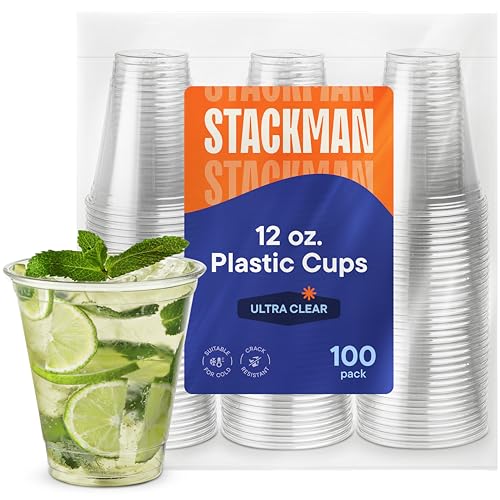 Stack Man [100 Pack - 12 oz.] Clear Disposable Plastic Cups PET Crystal Clear Disposable 12oz Plastic Cups