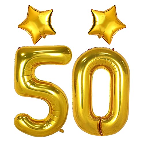 Unisun Globo cumpleaños gigante helio número 50 40 pulgadas, con 2 globos cinta estrella oro 18 pulgadas, globo digital grande Mylar para fiestas cumpleaños, niñas, niños, decoraciones de aniversario Cover