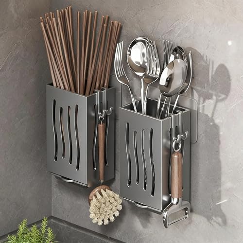 Image of Multifunctional Kitchen Utensil Rack Draining Chopstick Holder Wall-Mounted Freestanding Cutlery Storage Box (Grey)