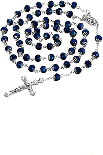 Collar católico de rosario de cuentas de cristal azul profundo, oración católica Jerusalén Medalla del suelo sagrado cruz tierra santa antigua