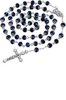 Deep Blue Crystal Beads Rosary Catholic Necklace, Catholic Prayer Jerusalem Holy Soil Medal Cross Holy Land Antique Religious Rosaries Beads Collection