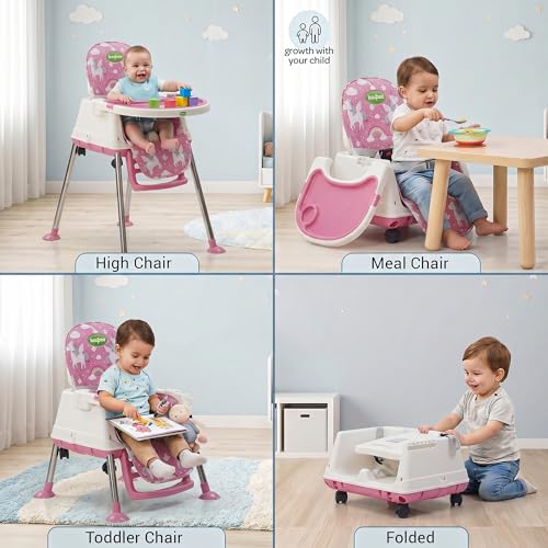 Image of Baybee 4 in 1 Convertible High Chair for Kids | Foldable Baby Feeding Chair with Safety Harness, Adjustable Tray, Booster Seat | Easy to Clean, Portable Dining Chair (Pink)