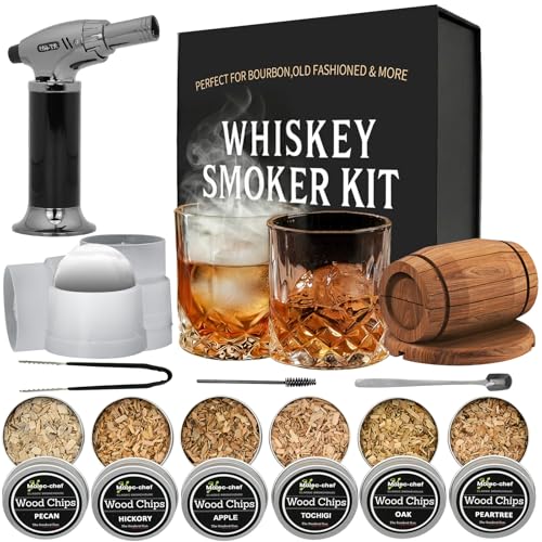 Whiskey Smoker Infuser Kit with Torch Cocktail Bourbon - 6 Flavors Wood Chips for Old Fashioned Drinks, Unique Christmas Anniversary Housewarming Gifts for Men,Dad,Father,Husband,Birthday (No Butane)