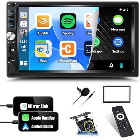 UNITOPSCI Double Din Apple CarPlay Car Stereo, Android Auto Car Audio Receiver 7 Inch Touch Screen with Backup Camera Bluetooth Mirror Link FM USB AUX SD Input Media MP5 Player + Frame Remote Control Cover