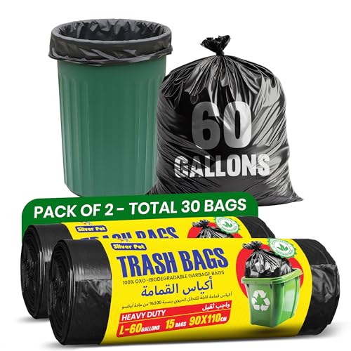 Silver Pot Black Garbage Bags Pack of 2 - Large 15 bags 60 Gallons (90cm x 110cm) Extra Strong & Bio-Degradable Heavy Duty Disposable Waste Bags Total 30 bags (15 x 2 rolls)