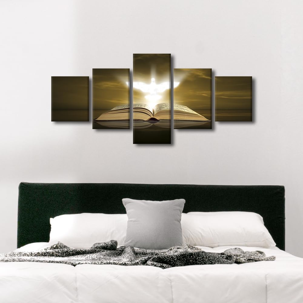 TUMOVO Holy Spirit Bedroom Decor Holy Bible Canvas Wall Art Christian Religion Wall Decorations for Living Room 5 Pieces Holy Spirit Wall Paintings Framed Ready to Hang (50''Wx 24''H)