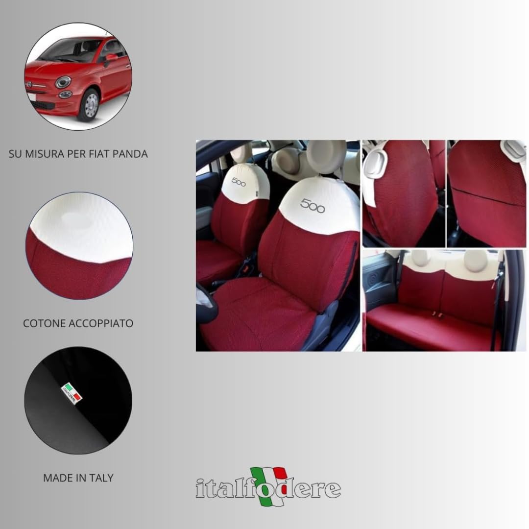 Italfodere - Coprisedili Auto Anteriori e Posteriori - Compatibili con Fiat 500 - Fatti a Mano - Cotone - Gommapiuma - Poliestere - Accessori Auto Interno - Made in Italy - (Rosso/Ecrù)