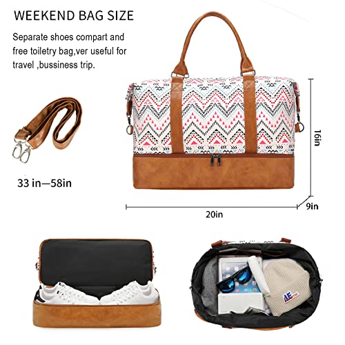 Oeihuivt Weekender Bags for Women - 21 Inch Large Travel Duffel Bag 2-Piece Set with Shoe Compartment, Heavy-Duty Canvas Leather Carry On Overnight Tote (white-brown)
