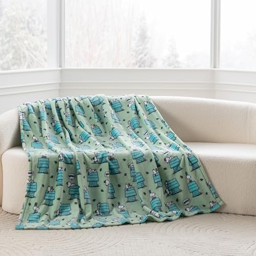 Image of Berkshire Peanuts VelvetLoft Cute Character Snoopy Plush Throw Blanket,Regular Snoopy Dog House Poses & Paws Closed in Sage,Throw 55 in x 70 in (Official Peanuts Product)