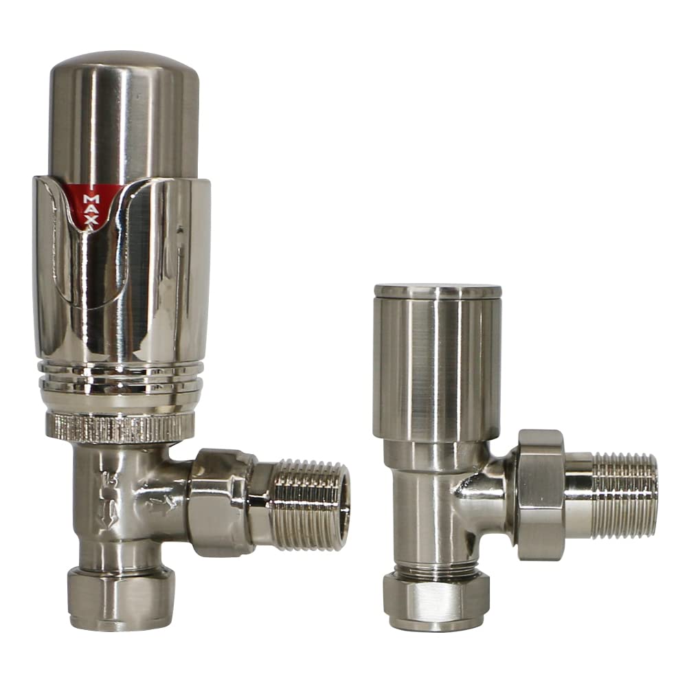 Nrg Angled - Satin Nickel 15Mm Satin Nickel Angled Trv Thermostatic Valves And Manual Angled Radiator Towel Rail Valves